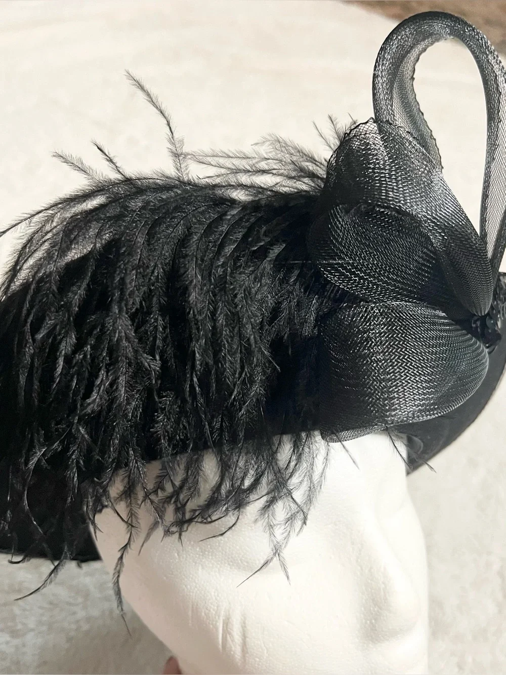 Vintage Black Wool Feathered Organza Fascinator Hat Derby Church Wedding Funeral